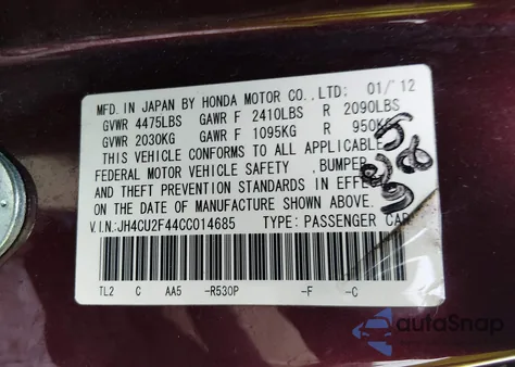 2012 Acura Tsx 2.4 z USA, uszkodzony, nr VIN JH4CU2F44CC014685